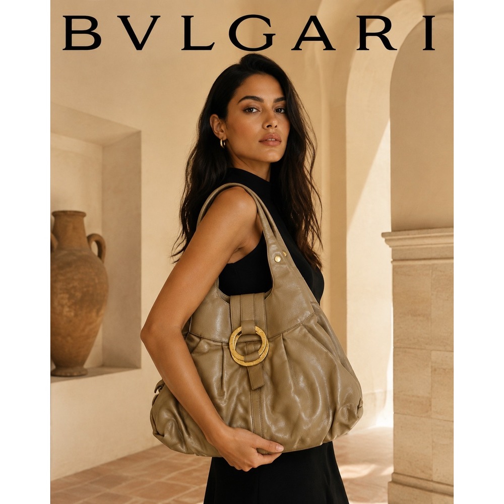 Bvlgari Chandra Tan Pebbled Leather Hobo Shoulder Bag Gold Hardware Italy